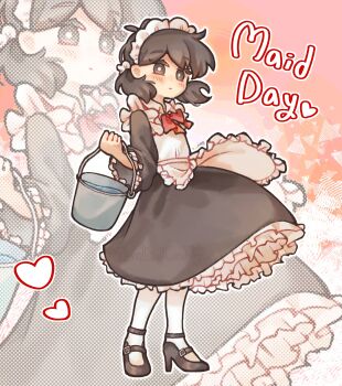 Rule 34 | 1girl, absurdres, alternate costume, antenna hair, black shoes, blush, bow, bright pupils, bucket, closed mouth, commentary, english text, enmaided, full body, genderswap, genderswap (mtf), high heels, highres, holding, holding bucket, long sleeves, looking at viewer, low twintails, maid, maid day, maid headdress, omori, red bow, shoes, short hair, short twintails, socks, solo, sunny (omori), thatbirdcanfly, twintails, untranslatable commentary, water, white pupils, white socks, zoom layer