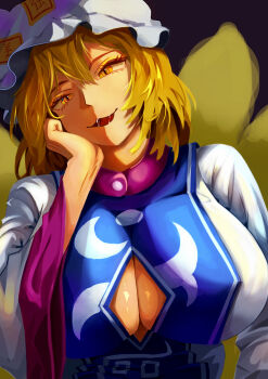 1girl absurdres black_background blonde_hair breasts cleavage cleavage_cutout clothing_cutout commentary_request fox_tail hand_on_own_face hat head_tilt highres huge_breasts long_sleeves multiple_tails open_mouth short_hair simple_background slit_pupils solo tail touhou upper_body user_vhpk2543 white_hat wide_sleeves yakumo_ran yellow_eyes