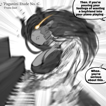 1girl black_shirt breasts broken_horns choker dark-skinned_female dark_skin dragon_girl dragon_horns dragon_tail earrings english_text highres horns huge_breasts instrument jacket jewelry long_hair oligogi_meoggosipda pants piano pointy_ears shirt straight_hair tail very_long_hair white_background white_choker white_jacket white_pants yellow_eyes