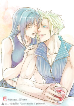 Rule 34 | 1boy, 1girl, absurdres, bare arms, bare shoulders, black hair, black vest, blonde hair, blue eyes, blush, closed eyes, cloud strife, collarbone, commentary request, couple, crop top, cup, earrings, eyelashes, facing another, final fantasy, final fantasy vii, final fantasy vii: advent children, hand on another's shoulder, heads together, highres, holding, holding cup, jewelry, konasu (01burst), leaning on person, long hair, looking at another, midriff peek, one eye closed, parted lips, ribbed shirt, shirt, short hair, sleeveless, sleeveless shirt, smile, spiked hair, stud earrings, tank top, tifa lockhart, twitter username, upper body, vest, white tank top, zipper