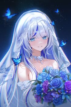 1girl absurdres aokumo_rin armpit_crease black_background blue_butterfly blue_eyes blue_flower blue_rose blue_streaks blunt_bangs blush bouquet braid bug butterfly collarbone colored_eyelashes commentary detached_sleeves flower gem grin gumagom2 hair_intakes half_crown_braid half_up_braid highres holding holding_bouquet insect lace-trimmed_veil lace_trim long_hair long_single_sidelock looking_at_viewer multicolored_hair purple_flower purple_rose rose smile solo stellive streaked_hair upper_body veil virtual_youtuber white_eyelashes white_flower white_gem white_hair white_rose white_veil