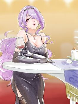 1girl black_dress breasts camilla_(fire_emblem) cleavage cup dress drinking_glass earrings elbow_gloves fire_emblem fire_emblem_fates gloves hair_over_one_eye highres jewelry large_breasts long_hair necklace nintendo purple_hair red_eyes solo tsulala44_(oi_thanks) wine_glass