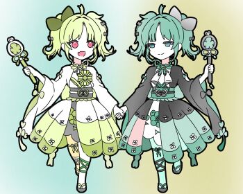 2girls aqua_hair blue_eyes bow bowtie commentary_request flower_ornament highres hirotyankay holding holding_hands holding_wand japanese_clothes kizaki_mimi kizaki_ruru magical_girl mahou_shoujo_no_inshuu_mura multicolored_hair multiple_girls obi open_mouth red_eyes sash short_hair smile wand wide_sleeves