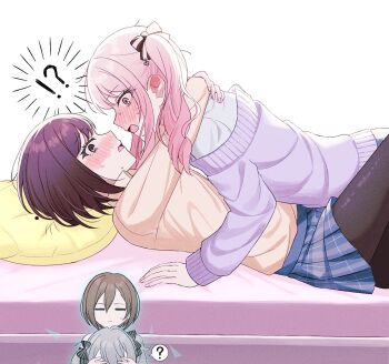 Rule 34 | !?, 1other, 25-ji meiko, 25-ji miku, 3girls, ?, akiyama mizuki, arms around neck, blush, brown eyes, brown hair, cardigan, closed eyes, closed mouth, commentary request, covering another's eyes, double-parted bangs, facing viewer, fingernails, grey hair, hatsune miku, highres, kamiyama high school uniform (project sekai), long sleeves, lying, meiko (vocaloid), multiple girls, mutu (25love), nervous sweating, on back, open mouth, other with female, pantyhose, pillow, pink eyes, pink hair, plaid clothes, plaid skirt, project sekai, purple cardigan, school uniform, shinonome ena, side ponytail, sidelocks, sideways glance, skirt, speech bubble, spoken question mark, sweat, white background