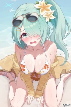 1girl absurdres aqua_eyes aqua_hair bikini blue_archive commentary dandan_(uaee4742) flower hair_flower hair_ornament hair_over_one_eye highres hiyori_(blue_archive) hiyori_(swimsuit)_(blue_archive) looking_at_viewer official_alternate_costume open_mouth side_ponytail solo sunglasses swimsuit white_bikini white_flower