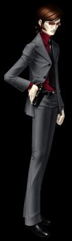 Rule 34 | 1boy, absurdres, black necktie, black shoes, formal clothes, full body, grey pants, gun, handgun, highres, holster, kazuma kaneko, long sleeves, male focus, necktie, official art, pants, persona, persona 2, persona 2 batsu, red-tinted eyewear, shoes, sideburns, solo, standing, suit, sunglasses, suou katsuya, third-party source, tinted eyewear, transparent background, weapon