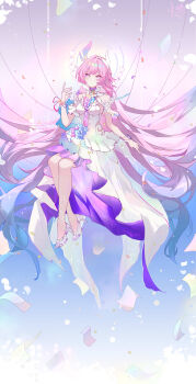 1girl absurdres bare_shoulders breasts closed_mouth commentary cyrene_(honkai:_star_rail) cyrene_(demiurge)_(honkai:_star_rail) dress gradient_hair halo halo_behind_head hand_up high_heels highres honkai:_star_rail honkai_(series) long_hair looking_at_viewer medium_breasts multicolored_hair on_swing pink_hair purple_eyes purple_hair shoes signature simple_background smile solo swing very_long_hair wen_chen white_background white_dress white_shoes