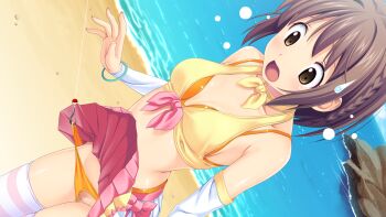 10s 1girl assisted_exposure beach bikini bikini_under_clothes bow bracelet braid breasts brown_eyes brown_hair censored cleavage clothes_lift cowboy_shot crop_top day detached_sleeves dutch_angle female_focus fish_hook fishing_line front-tie_top game_cg highres jewelry kitami_minamo koutaro looking_down medium_breasts mosaic_censoring open_mouth panties pleated_skirt pussy ribbon shiny_skin short_hair skindentation skirt skirt_lift solo striped_clothes striped_thighhighs sweatdrop swimsuit swimsuit_under_clothes thighhighs tropical_kiss tropical_vacation twinkle_(company) underwear yellow_panties