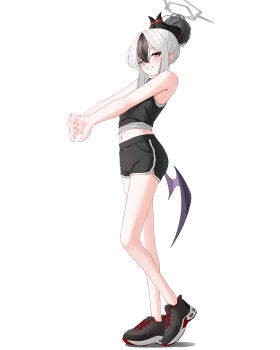 1girl absurdres bare_arms bare_shoulders black_hair black_horns black_shirt black_shoes black_shorts blue_archive commentary crop_top cropped_shirt full_body grey_hair grey_halo grin hair_bun halo highres hit_by_hit horns kayoko_(blue_archive) midriff multicolored_hair navel one_eye_closed red_eyes shirt shoes short_hair shorts simple_background single_hair_bun sleeveless sleeveless_shirt smile sneakers solo standing stretching two-tone_hair white_background