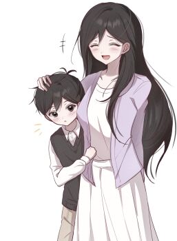 +++ 1boy 1girl :d :o ^_^ alternate_sleeve_length antenna_hair black_eyes black_hair black_sweater_vest blush breasts brown_pants closed_eyes collared_shirt cowboy_shot double-parted_bangs dress film_grain hair_behind_ear hair_between_eyes hair_over_shoulder hand_on_another&#039;s_head hashtag-only_commentary height_difference highres jacket long_hair long_sleeves looking_at_viewer mari_(faraway)_(omori) mari_(omori) medium_breasts notice_lines omori open_clothes open_jacket open_mouth pants pleated_dress puffy_long_sleeves puffy_sleeves purple_jacket raised_inner_eyebrows shirt short_hair smile standing sunny_(omori) sweater_vest tongue very_long_hair very_short_hair white_dress white_shirt wktdms1