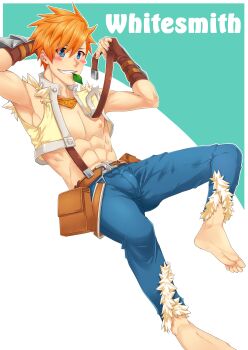1boy absurdres barefoot belt belt_pouch blue_eyes blue_pants blush_stickers brown_belt brown_gloves bulge character_name commentary crop_top dong_chen english_commentary fingerless_gloves full_body fur-trimmed_pants fur-trimmed_shirt fur_trim gloves grin highres leaf_in_mouth looking_at_viewer male_focus navel nipples open_clothes open_shirt orange_hair pants pouch ragnarok_online shirt short_hair smile solo suspenders white_background whitesmith_(ragnarok_online) yellow_shirt