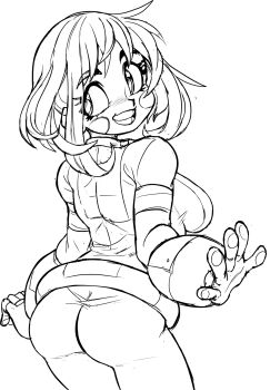 ass blush boku_no_hero_academia breasts butt_crack_outline gluteal_fold highres large_breasts looking_back looking_over_shoulder medium_hair sketch superhero_costume teevo uraraka_ochako