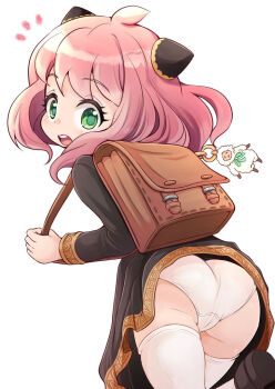 1girl accidental_exposure ahoge anya_(spy_x_family) ass backpack bag black_dress black_shoes charm_(object) clothes_lift dress dress_lift female_focus from_behind green_eyes hairpods leg_up loli looking_at_viewer looking_back open_mouth panties pantyshot pink_hair randoseru running shoes short_hair simple_background solo spy_x_family thighhighs thighs tomagiri underwear upper_body white_panties white_thighhighs