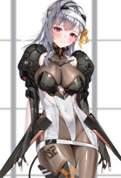 1girl armored_bodysuit bandaged_head bandages black_gloves blush bodysuit breasts cleavage commentary_request elbow_gloves gloves goddess_of_victory:_nikke grey_hair hair_ribbon highres impossible_bodysuit impossible_clothes large_breasts long_hair looking_at_viewer matrix16 modernia_(nikke) red_eyes ribbon see-through_cleavage see-through_clothes shirt skin_tight smile solo thighs yellow_ribbon