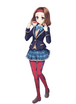 1girl argyle_clothes argyle_pantyhose blue_bow blue_bowtie blue_skirt bow bowtie brown_eyes brown_hair brown_shoes cardigan cookie cup food full_body girlfriend_(kari) hairband holding holding_cup jacket loafers looking_at_viewer miniskirt official_art pantyhose plaid_clothes plaid_hairband plaid_skirt pleated_skirt qp:flapper school_uniform shirt shoes simple_background skirt smile solo takasaki_rui teacup thighs transparent_background white_shirt yellow_cardigan