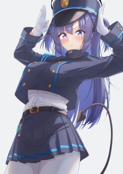 1girl armband belt blue_archive blue_armband blue_eyes blush breasts buttons cosplay demon_tail gloves halo hat highres hikari_(blue_archive) hikari_(blue_archive)_(cosplay) jacket katou_shin&#039;ya_(gingin_power) long_hair long_sleeves looking_at_viewer mechanical_halo pantyhose peaked_cap pleated_skirt pose_imitation purple_eyes purple_hair rabbit_pose shirt skirt solo tail train_conductor two_side_up white_gloves white_pantyhose yuuka_(blue_archive)