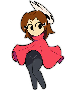 1girl :| black_bodystocking black_bodysuit black_eyes black_outline blank_stare bodysuit brown_hair cape cloak closed_mouth cosplay empty_eyes expressionless full_body hair_intakes highres hollow_knight hollow_knight:_silksong hornet_(hollow_knight) hornet_(hollow_knight)_(cosplay) latex latex_bodysuit looking_to_the_side mask mask_on_head medium_hair mii_(nintendo) mii_gunner mii_gunner_(smash_4) nintendo no_pupils no_sclera outline parted_bangs red_cape red_cloak scott_falco simple_background solo super_smash_bros. white_mask