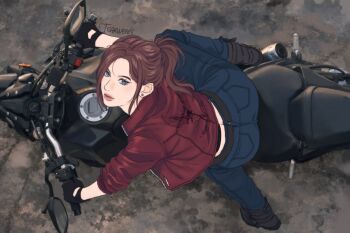 Rule 34 | 1girl, artist name, belt, biker clothes, black gloves, black shirt, blue eyes, blue pants, boots, brown belt, brown boots, brown hair, claire redfield, closed mouth, commentary, denim, earrings, english commentary, from above, gloves, holding handlebar, jacket, jeans, jewelry, long hair, looking at viewer, midriff, motor vehicle, motorcycle, on motorcycle, pants, parted bangs, ponytail, red jacket, resident evil, resident evil 2, shirt, solo, tsarwenn