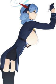 1girl absurdres ako_(blue_archive) bent_over black_gloves black_hairband black_thighhighs blue_archive blue_dress blue_eyes blue_hair blue_halo breasts closed_mouth dokshuri dress earrings from_side garter_straps gloves hairband halo highres jewelry large_breasts long_hair long_sleeves pelvic_curtain pencil shirt sideboob sideless_outfit sideless_shirt simple_background smile solo standing thighhighs thighs white_shirt