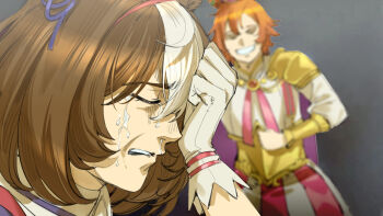 Rule 34 | animal ears, brown hair, crying, gloves, hair ornament, highres, horse ears, horse girl, meisho doto (umamusume), multicolored hair, orange hair, ruukii drift, streaming tears, t.m. opera o (umamusume), tagme, tears, umamusume, white gloves