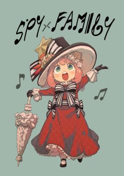 Rule 34 | 1girl, alternate costume, anya (spy x family), blue background, blush, bow, dress, endou tatsuya, english text, green eyes, hat, highres, holding, holding umbrella, music, musical note, official art, parasol, pink hair, red dress, shoes, singing, socks, solo, spy x family, umbrella
