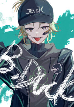 Rule 34 | 1boy, amanetetepo, bandaid, bandaid on cheek, bandaid on face, baseball cap, black hat, black hoodie, black jacket, black shirt, blonde hair, commentary request, cowboy shot, duck print, green background, hat, hat writing, high ponytail, hood, hoodie, identity v, jacket, looking at viewer, male focus, naib subedar, naib subedar (b.duck style), ponytail, shirt, simple background, solo, stitched mouth, stitches, sweater, tongue, tongue out, turtleneck, turtleneck sweater, white background, yellow eyes