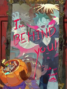 2boys absurdres animal_ears antlers black_hair black_pants black_vest blue_nose candy cape colored_skin commentary deer_ears english_commentary english_text fangs feet_out_of_frame flying_sweatdrops food grey_skin halloween halloween_bucket halloween_costume hands_up hat highres horns looking_at_another male_focus mirror monkey_d._luffy multiple_boys one_piece open_mouth pants pointy_ears purple_cape red_cape reindeer_antlers reindeer_boy scared shirt short_hair siyangou49 standing tony_tony_chopper trick_or_treat vampire_costume vest white_shirt