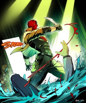 absurdres bat_signal batman_(series) batman_symbol black_bodysuit black_gloves blood bloody_knife bloody_weapon bodysuit brown_jacket combat_knife commission dc_comics gloves grey_bodysuit highres holding holding_knife holding_weapon holster jacket jason_todd knife male_focus mask multicolored_bodysuit muscular muscular_male open_clothes pants red_hood_(dc) red_mask reverse_grip superhero_costume thigh_holster two-tone_bodysuit we_5104 weapon