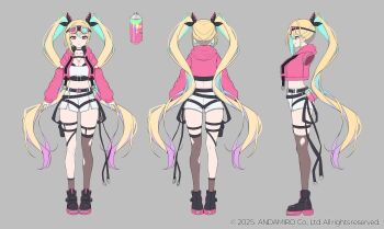 1girl aqua_hair asymmetrical_legwear belt black_choker black_shoes blonde_hair breasts brown_socks brown_thighhighs character_request choker cleavage crop_top cropped_jacket full_body goggles goggles_on_head grey_background highres hood hooded_jacket jacket jewelry long_hair looking_at_viewer midriff multicolored_hair multiple_views navel necklace official_art open_clothes open_jacket pink_jacket pump_it_up red_eyes reference_sheet shirt shoes short_shorts shorts single_sock single_thighhigh smile socks streaked_hair tachi-e thigh_strap thighhighs torn_clothes torn_thighhighs twintails ugwa very_long_hair white_shirt white_shorts