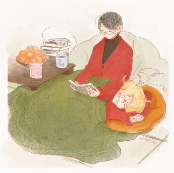 Rule 34 | 2boys, absurdres, ahoge, arm pillow, black hair, blanket, blonde hair, book, border, cardigan, closed eyes, coffee mug, commentary, couple, cup, doukyuusei (manga), english commentary, food, fruit, fruit bowl, glasses, highres, holding, holding book, husband and husband, jewelry, kusakabe hikaru, lying, lying on lap, male focus, messy hair, mug, multiple boys, orange (fruit), pillow, reading, reclining, red cardigan, ring, sajou rihito, sayen, shared blanket, short hair, sleeping, sleeping on person, table, under covers, white border, yaoi