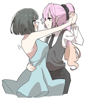 2girls anyoji_hime backless_dress backless_outfit black_hair black_necktie black_pants black_vest blonde_hair blue_dress blue_eyes blunt_bangs blunt_ends blush bob_cut closed_mouth collared_shirt cowboy_shot dancing dress gradient_hair link!_like!_love_live! long_hair long_sleeves love_live! momose_ginko multicolored_hair multiple_girls necktie open_mouth pants pink_hair profile s_(y7555128265305) shirt short_hair simple_background sleeveless sleeveless_dress sparkle vest virtual_youtuber white_background white_shirt yuri