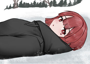 Rule 34 | 1girl, :o, absurdres, black hoodie, black jacket, blush, commentary, facial mark, facial tattoo, from side, heart, heart facial mark, highres, hood, hoodie, jacket, looking at viewer, lying, on back, on ground, open mouth, original, outdoors, parted lips, piercing, red eyes, red hair, short hair, snow, solo, tattoo, tree, upper body, wawamachi