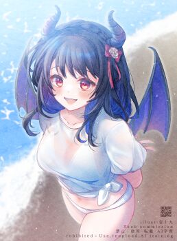 1girl :d arms_behind_back beach bikini bikini_under_clothes black_hair blush breasts commentary_request commission copyright_request day highres horns ittokyu long_hair looking_at_viewer medium_breasts multicolored_hair open_mouth outdoors puffy_short_sleeves puffy_sleeves purple_hair purple_wings qr_code red_eyes sand shirt short_sleeves smile solo swimsuit tied_shirt two-tone_hair virtual_youtuber water watermark white_bikini white_shirt wings