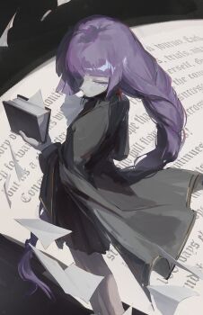 Rule 34 | 1girl, absurdres, black cloak, black dress, book, borrowed character, braid, cloak, closed mouth, commentary, dress, earrings, feet out of frame, from above, guilline (yyalloww), half-closed eyes, highres, holding, holding book, jewelry, long hair, looking back, mole, mole under eye, original, pages, phyriaxi, purple eyes, single braid, solo, very long hair