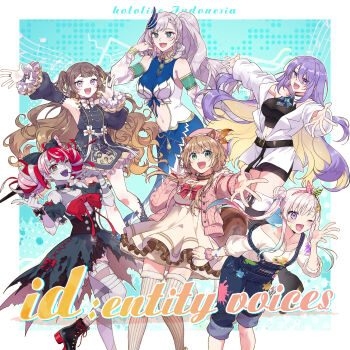 6+girls :d ;d absurdres acorn ahoge airani_iofifteen airani_iofifteen_(1st_costume) album_cover animal_ear_fluff animal_ears anya_melfissa anya_melfissa_(1st_costume) aqua_eyes armpits artist_request ayunda_risu ayunda_risu_(1st_costume) bandaged_arm bandages bare_shoulders beret bird black_bow black_dress black_nails black_shirt blonde_hair blouse blue_hair blush border bow breasts bright_pupils brown_hair choker cleavage clothing_cutout collarbone colored_skin cover detached_sleeves double_bun dress earrings fangs feather_hair_ornament fur_choker fur_trim gradient_hair green_eyes grey_hair grey_skin hair_behind_ear hair_bow hair_bun hair_ornament hair_ribbon halterneck hat highres hololive hololive_indonesia jacket jewelry kureiji_ollie kureiji_ollie_(1st_costume) leaf_hair_ornament long_hair looking_at_viewer medium_breasts moona_hoshinova moona_hoshinova_(1st_costume) multicolored_hair multiple_girls nail_polish object_through_head off_shoulder one_eye_closed open_mouth outside_border outstretched_arm outstretched_arms outstretched_hand overalls paint_splatter paint_splatter_on_face paintbrush paint_palette pavolia_reine pavolia_reine_(1st_costume) penguin pink_hair pink_sweater ponytail purple_eyes purple_hair red_bow red_eyes red_hair ribbon see-through_clothes see-through_sleeves shirt shoulder_cutout side_bun side_ponytail single_side_bun sleeves_past_wrists smile song_name squirrel_ears squirrel_girl star_(symbol) stitched_face stitches sweater sword_in_head torn_clothes torn_dress twintails two-tone_hair two_side_up upper_body virtual_youtuber white_border white_hair white_jacket white_pupils white_shirt yellow_eyes zombie