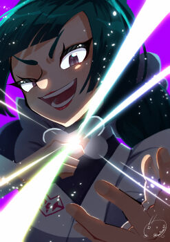 1girl absurdres annrnn97 apron blunt_bangs bow bowtie braid braided_ponytail glowing_gem green_hair highres juliet_sleeves lebanne_(pokemon) long_hair long_sleeves maid maid_apron maid_headdress mega_stone nintendo one_eye_closed pink_lips pokemon pokemon_legends:_z-a puffy_sleeves smile teeth upper_body white_bow white_bowtie