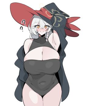 1girl absurdres armpits black_leotard black_skirt blue_archive blush braid breasts cleavage collared_shirt eri_(blue_archive) hat heattech_leotard highres huge_breasts jacket jahe_(73732258) korean_commentary leotard long_hair orange_eyes oversized_hat shirt single_braid skindentation skirt tilted_halo turtleneck white_hair witch_hat