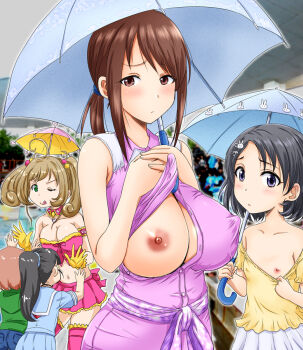 5girls black_hair blush breasts breasts_out brown_eyes brown_hair exhibitionism flashing flat_chest fukuyama_mai idolmaster idolmaster_cinderella_girls large_breasts long_hair looking_at_viewer medium_breasts mifune_miyu multiple_girls nipples nozarashi_satoru one_breast_out oppai_challenge ponytail presenting_breasts public_indecency purple_eyes ryuzaki_kaoru sasaki_chie sato_shin umbrella