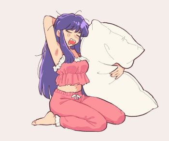 1girl arm_behind_head arm_up armpits barefoot camisole closed_eyes commentary crop_top english_commentary fingernails full_body holding holding_pillow kneeling long_hair loose_hair_strand mamanooke messy_hair navel pants pillow pink_camisole pink_nails pink_pants purple_hair ranma_1/2 shampoo_(ranma_1/2) sitting solo u_u wariza yawning