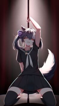 1girl absurdres animal_ears black_hair black_sailor_collar black_shirt black_skirt black_thighhighs facial_mark hair_between_eyes hair_ornament heart heart_facial_mark heart_necklace highres indie_virtual_youtuber jewelry kneeling multicolored_hair necklace pole_dancing red_eyes sailor_collar shirt short_twintails sioell skirt skunk_ears skunk_girl skunk_tail solo star_(symbol) star_facial_mark thighhighs thighs toboso_kuroi triangle triangle_facial_mark twintails virtual_youtuber white_hair