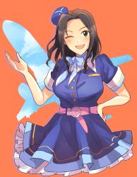 Rule 34 | 1girl, aircraft, airplane, belt, black hair, blue bow, blue bowtie, blue dress, blue sky, blush, bow, bowtie, breasts, cropped legs, dot nose, dress, green eyes, hand on own hip, hand up, hat, highres, hiziki723, idolmaster, idolmaster cinderella girls, idolmaster cinderella girls starlight stage, long hair, looking at viewer, medium breasts, mini hat, one eye closed, open mouth, orange background, pink belt, short sleeves, sky, smile, solo, soma natsumi