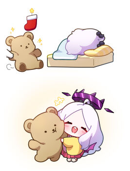 1girl absurdres ahoge black_halo blue_archive chibi chibi_only christmas closed_eyes commentary deformed demon_girl demon_horns demon_wings english_commentary halo highres hina_(blue_archive) hina_(pajamas)_(blue_archive) horns jacket long_hair low_wings on_bed pajamas pink_pajamas polka_dot polka_dot_pajamas sleeping smile stuffed_toy uz_(uzru0428) very_long_hair white_hair wings yellow_jacket