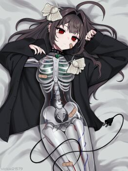 1girl ahoge android bandaid black_shirt breasts brown_hair bug collar cowboy_shot dress_shirt electric_plug eyeliner hair_intakes highres hip_bones insect long_hair makeup mechabare medium_breasts moth moth_hair_ornament motherboard on_bed red_eyes ribs see-through_body shirt skeleton solo spine unbuttoned unbuttoned_shirt vickie_(cryingrobot) vickie_(cryingrobot)_(character)