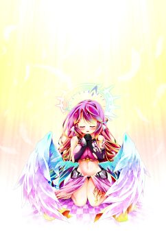 1girl absurdres angel angel_wings asymmetrical_gloves bare_shoulders blush breasts checkered_floor closed_eyes commentary_request crop_top falling_feathers feathered_wings feathers full_body gloves gradient_hair groin hair_between_eyes halo highres jibril_(no_game_no_life) large_breasts leg_tattoo long_hair long_skirt low_wings magic_circle midriff mii_aki multicolored_hair navel no_game_no_life open_mouth own_hands_clasped own_hands_together pink_hair pink_shirt purple_gloves rainbow_hair seiza shirt shoulder_tattoo sidelocks sitting skirt sleeveless sleeveless_shirt solo spiked_halo swept_bangs tattoo very_long_hair white_wings wing_ears wings