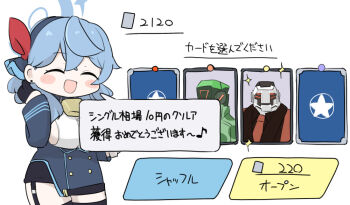 1girl :d ^_^ ako_(blue_archive) android black_gloves black_jacket black_shirt black_skirt black_thighhighs blue_archive blue_hair blue_jacket breasts brown_necktie character_request chibi closed_eyes collared_shirt earrings gloves hair_between_eyes half_gloves halo jacket jewelry large_breasts long_hair long_sleeves miranofuudoria necktie open_mouth shirt sideboob simple_background skirt smile stud_earrings thighhighs translation_request white_background