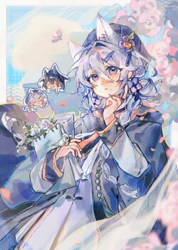 1girl animal_ears arknights blaze_(arknights) blaze_the_igniting_spark_(arknights) braid cat_ears chibi chibi_inset chinese_commentary closed_mouth commentary_request dress expressionless fengluo81671 flower grey_hair hair_ornament hairclip highres holding layered_sleeves long_sleeves official_alternate_costume purple_eyes short_over_long_sleeves short_sleeves twin_braids upper_body xingzhu_(arknights) xingzhu_(spring_in_her_lens)_(arknights)