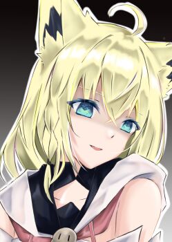 Rule 34 | 1girl, absurdres, ahoge, alternate color, animal ear fluff, animal ears, blonde hair, commentary request, detached sleeves, fox ears, fox girl, gloom (expression), gradient background, green eyes, hair between eyes, highres, hololive, hood, hoodie, idol showdown, long hair, neckerchief, nick wong, open mouth, red neckerchief, shirakami fubuki, shirakami fubuki (1st costume), sidelocks, simple background, solo, virtual youtuber, white hoodie