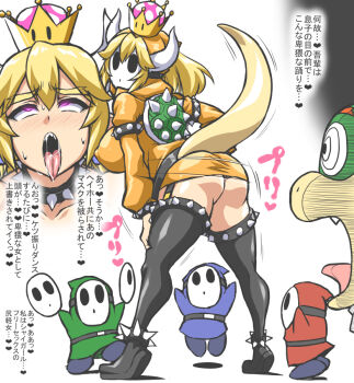 Rule 34 | 1boy, 1girl, ahegao, ass, blonde hair, boots, bowser, bowsette, bracelet, breasts, collar, commentary request, crown, dress, garter straps, genderswap, genderswap (mtf), hollow eyes, hood, hood up, hooded dress, horns, jewelry, large breasts, long hair, long sleeves, mario (series), mask, mind control, nintendo, open mouth, otoo (izanagi), pink eyes, sharp teeth, short dress, shy gal, shy guy, simple background, spiked bracelet, spiked collar, spikes, super crown, tail, teeth, thigh boots, thighhighs, white background
