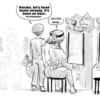 Rule 34 | 1boy, 1girl, bound, breasts, brother and sister, commentary, english commentary, english text, faceless, faceless male, greyscale, highres, horns, japanese clothes, kimono, monochrome, oligogi meoggosipda, red eyes, siblings, sisters, sitting, spot color, tall female, white background