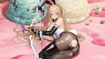 1girl absurdres all_fours animal_ears artist_request black_gloves black_leotard blush bow_(weapon) brown_dust_(series) brown_dust_2 cameltoe elbow_gloves eleaneer_(brown_dust) eleaneer_(shadow_bunny)_(brown_dust) fake_animal_ears fake_tail food gloves hair_spread_out highres ice_cream leotard long_hair looking_at_viewer official_art official_wallpaper one_eye_closed open_mouth oversized_food oversized_object pantyhose playboy_bunny purple_eyes rabbit_ears rabbit_tail solo tail top-down_bottom-up torn_clothes torn_pantyhose very_long_hair weapon wrist_cuffs